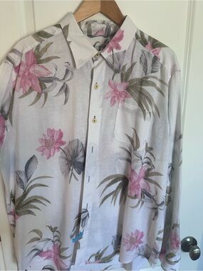 Tommy Bahama White Linen Button-Up Shirt with Pink & Brown Floral Print